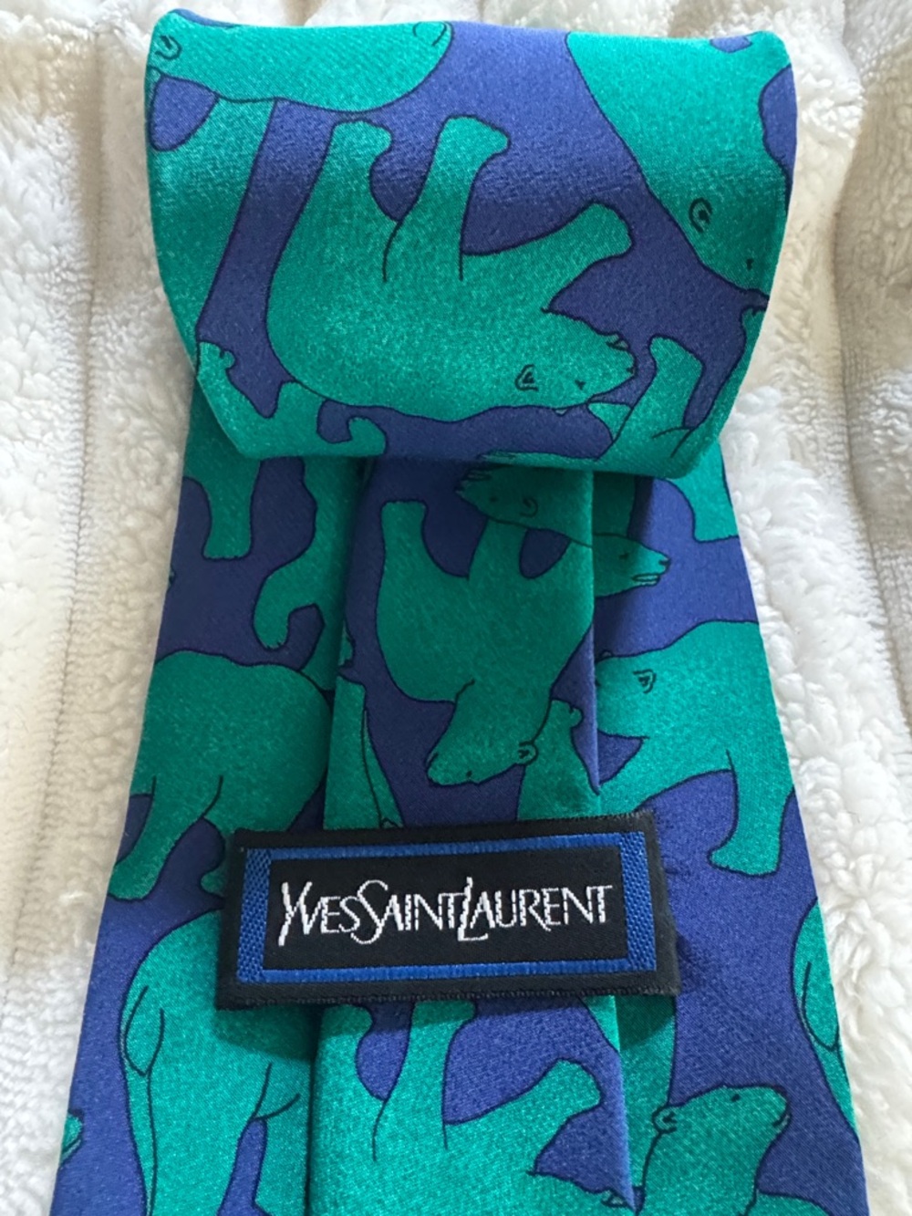 Yves Saint Laurent Silk Tie Blue Teal Polar Bear Novelty YSL Designer